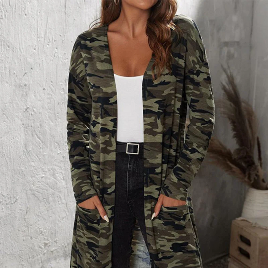 WW | Damen Lange Jacke – Lässige Passform – Camouflage Druck – Baumwollmischung – Offene Vorderseite – Lange Ärmel