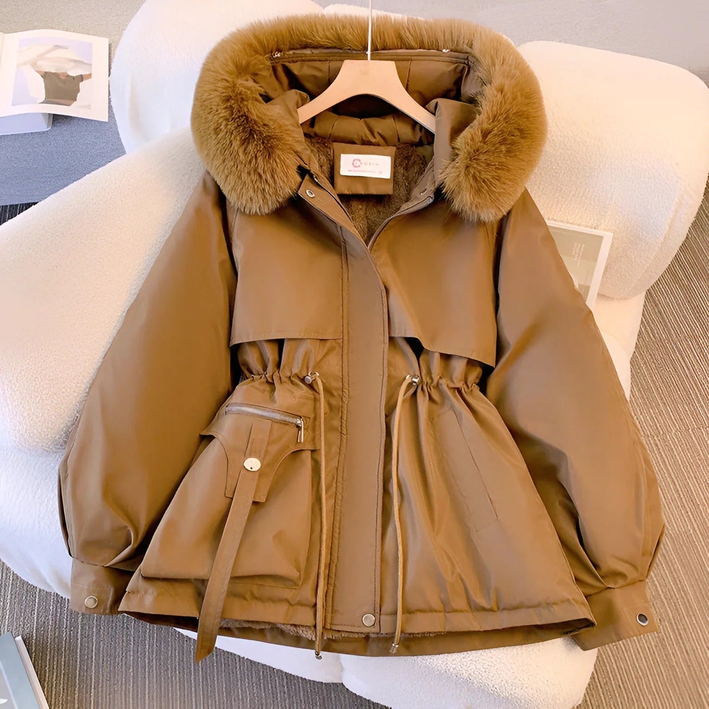 WW | Midi-length Close-fitting Faux fur hood Puffed sleeves Drawstring waist