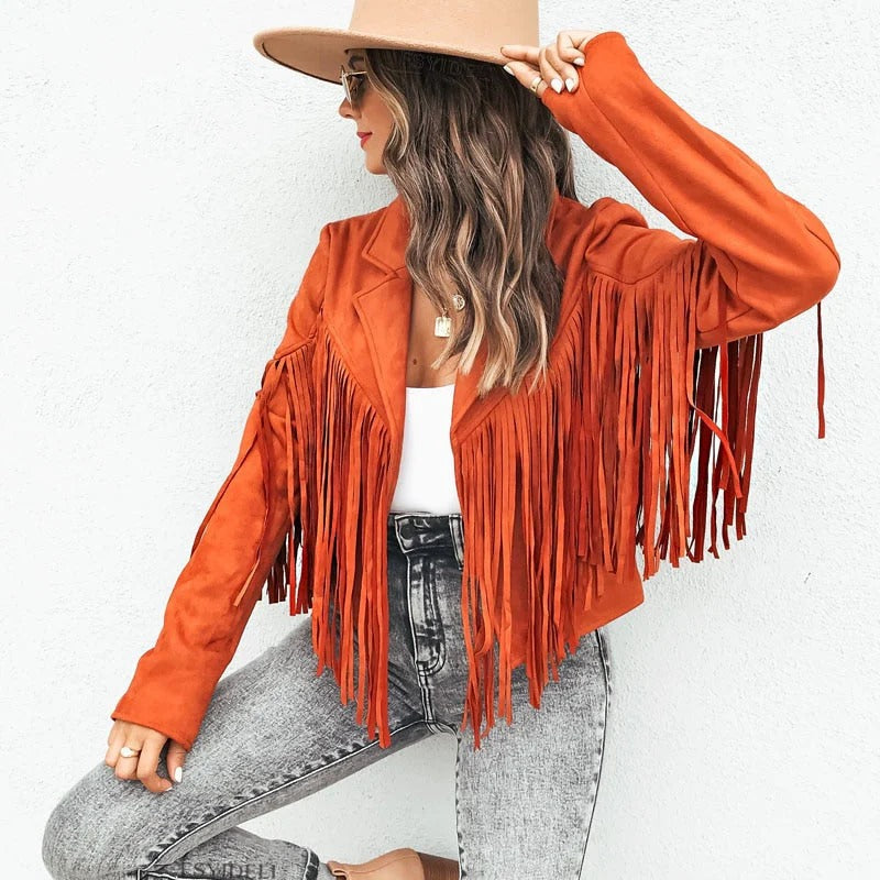WW | Leather Jacket Fringe Sleeves Fitted Waist Length Cut