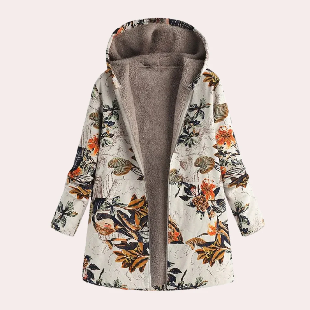 WW | Damen Kapuzenjacke – Lockere Passform – Plüschfutter – Blumendruck – Hüftlanger Freizeitlook