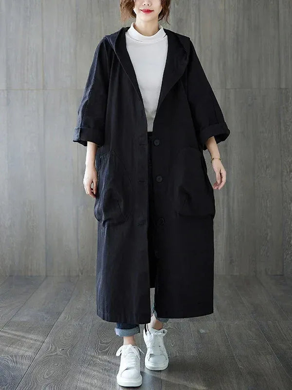 WW | Trench Coat Plus Size Fit Water-Repellent Hood Ankle-Length Casual Style