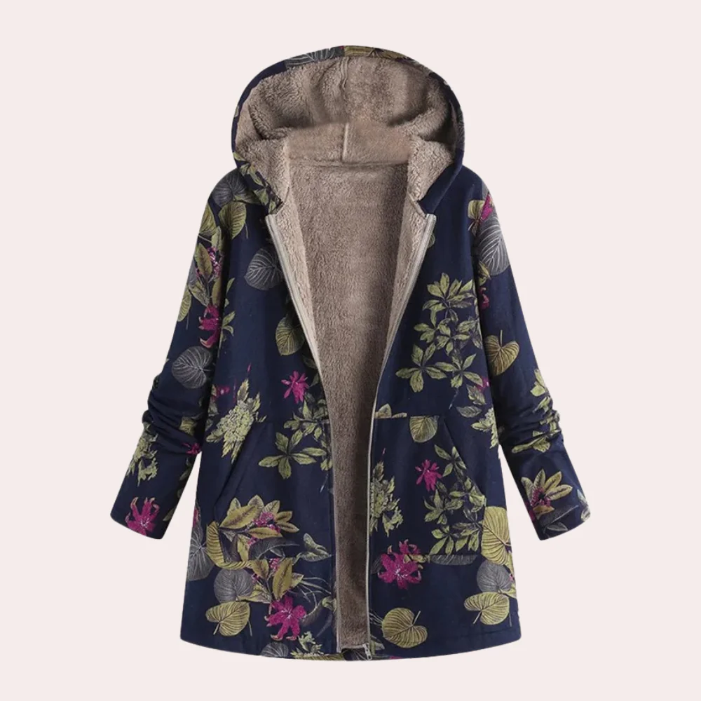 WW | Damen Kapuzenjacke – Lockere Passform – Plüschfutter – Blumendruck – Hüftlanger Freizeitlook