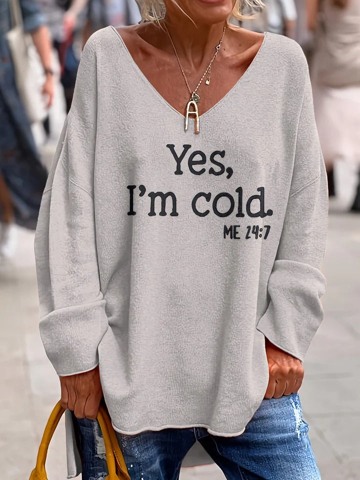 WW | Sweater Oversized Fit Soft Knit V-Neck Text Print Long Sleeves