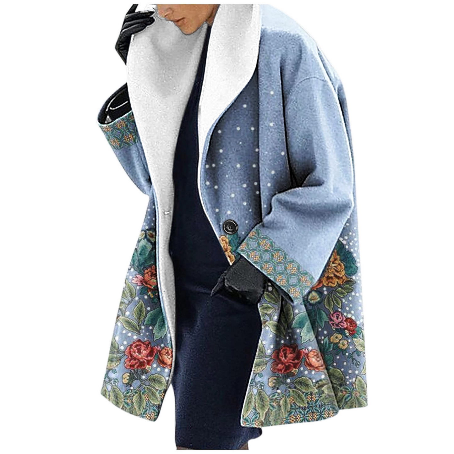 WW | Women's Hooded Jacket – Wool – Loose Fit – Mid-Length – Ethnic Print Scarf Collar