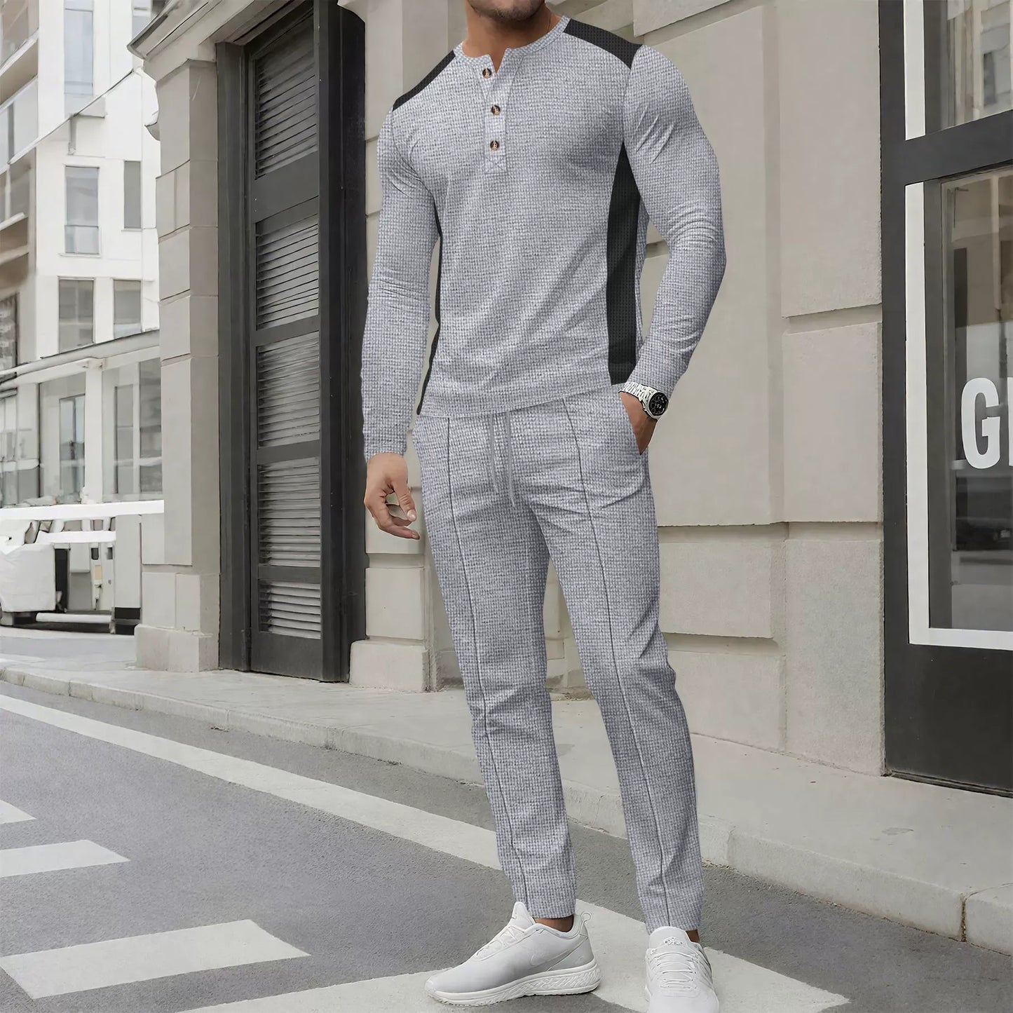 WW | Set with Henley Sweater and Slim Fit Waffle Knit Trousers Button Collar