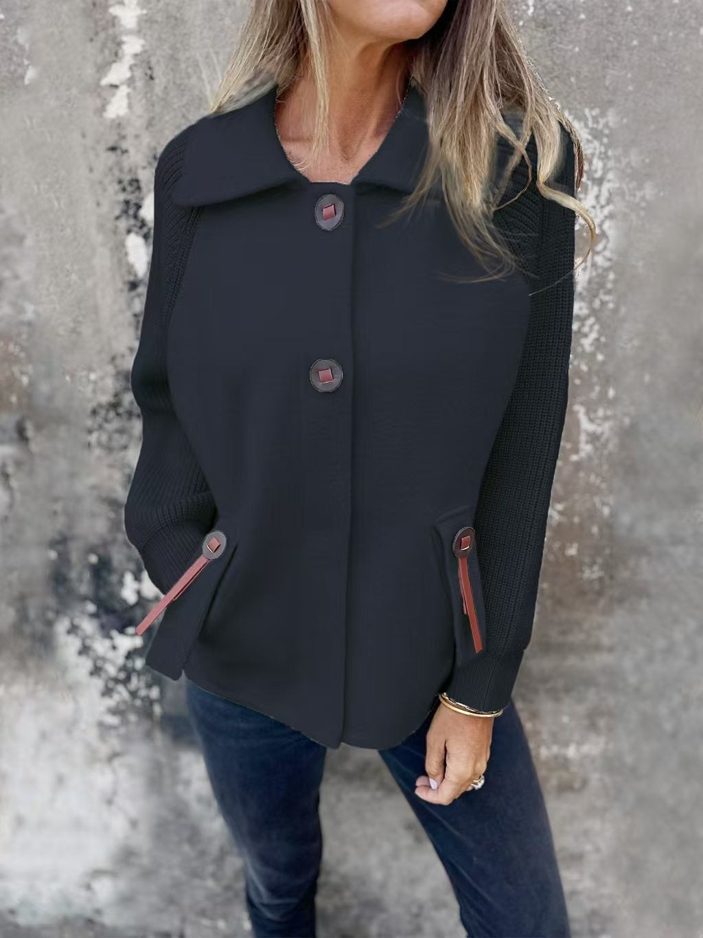 WW | Relaxed Fit Ribbed Sleeves Wide Collar Knee Closure