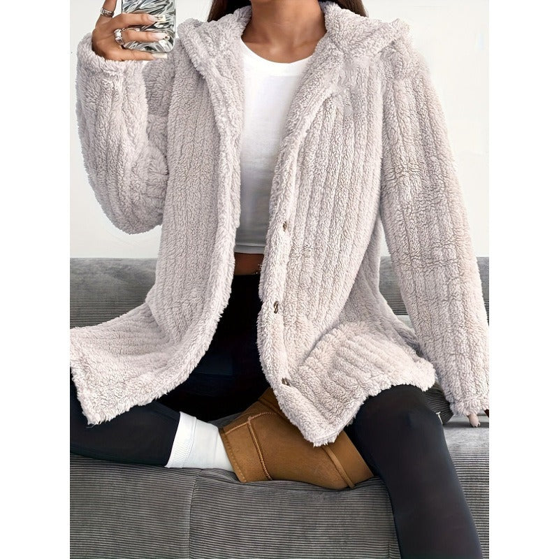 WW | Oversized Fit Hood Ribbed Texture Soft Teddy Lining Button Closure