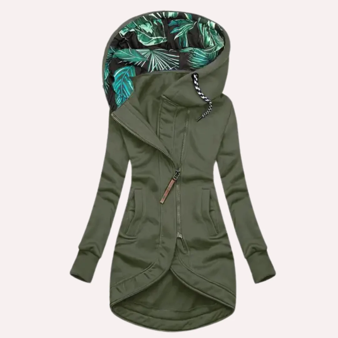WW | Fleece Jacket Slim Fit Long Style Hood with Print Asymmetrical Zipper