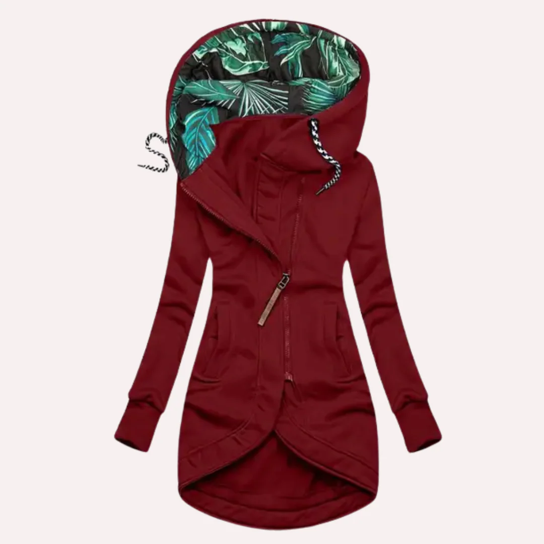 WW | Fleece Jacket Slim Fit Long Style Hood with Print Asymmetrical Zipper