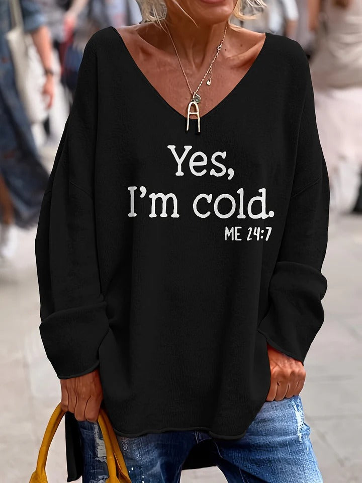 WW | Sweater Oversized Fit Soft Knit V-Neck Text Print Long Sleeves