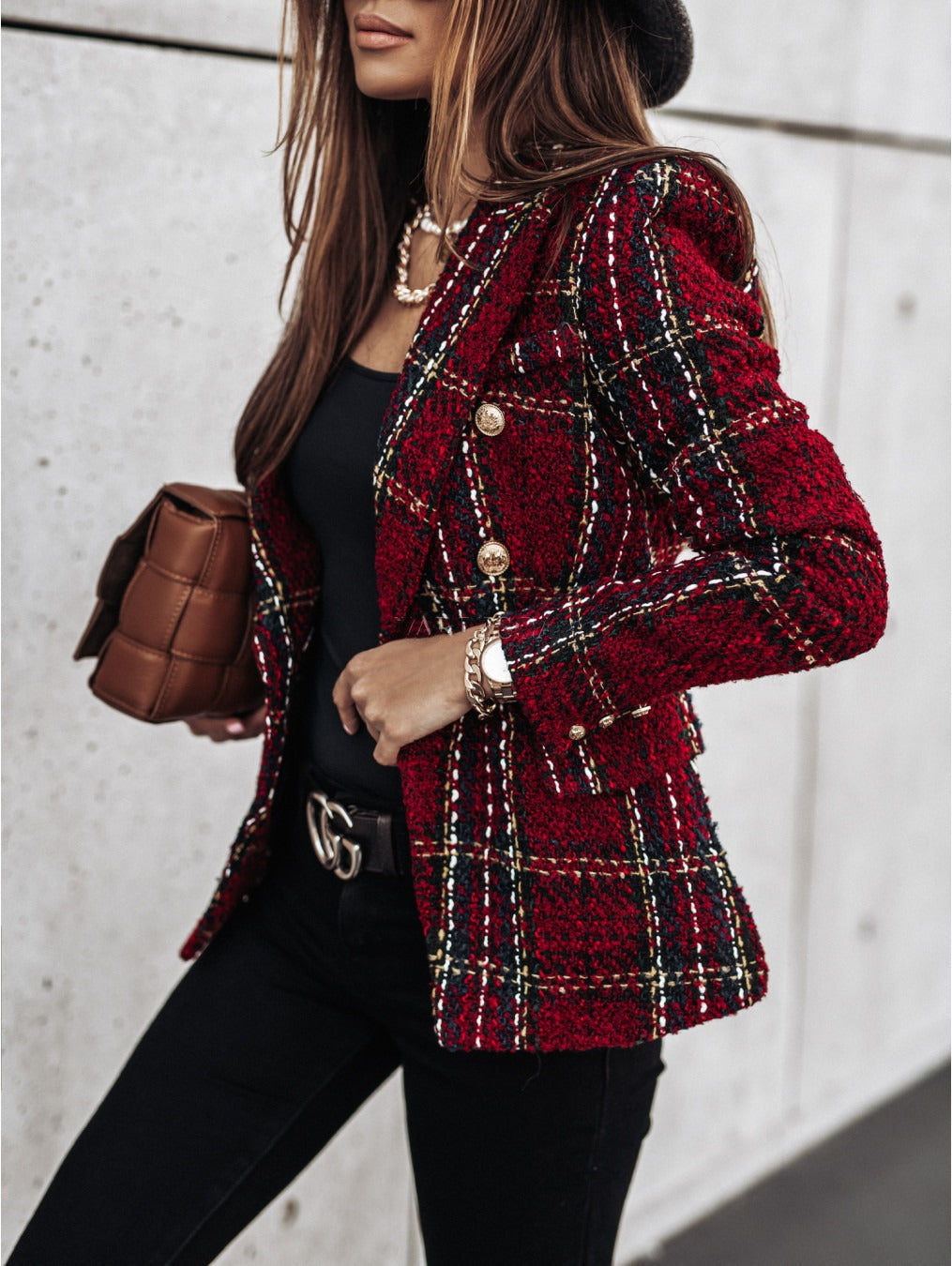 WW | Blazer Tailored Fit Double Breasted Woven Pattern Puff Sleeves