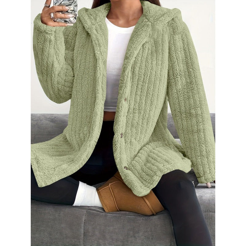 WW | Oversized Fit Hood Ribbed Texture Soft Teddy Lining Button Closure