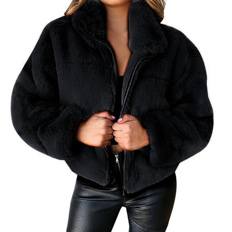 WW | Damen Kunstpelzmantel – Oversized Schnitt – Kurze Länge – Reißverschluss vorne – Hoher Kragen