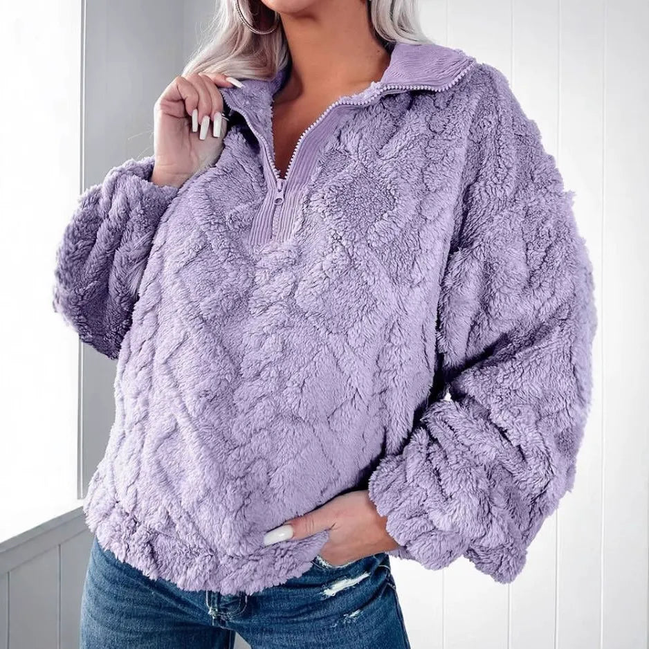 WW | Sweater Faux Fur Entspannt Passform Gesteppt Textur Halber Reißverschluss