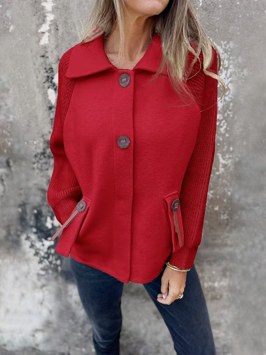 WW | Relaxed Fit Ribbed Sleeves Wide Collar Knee Closure