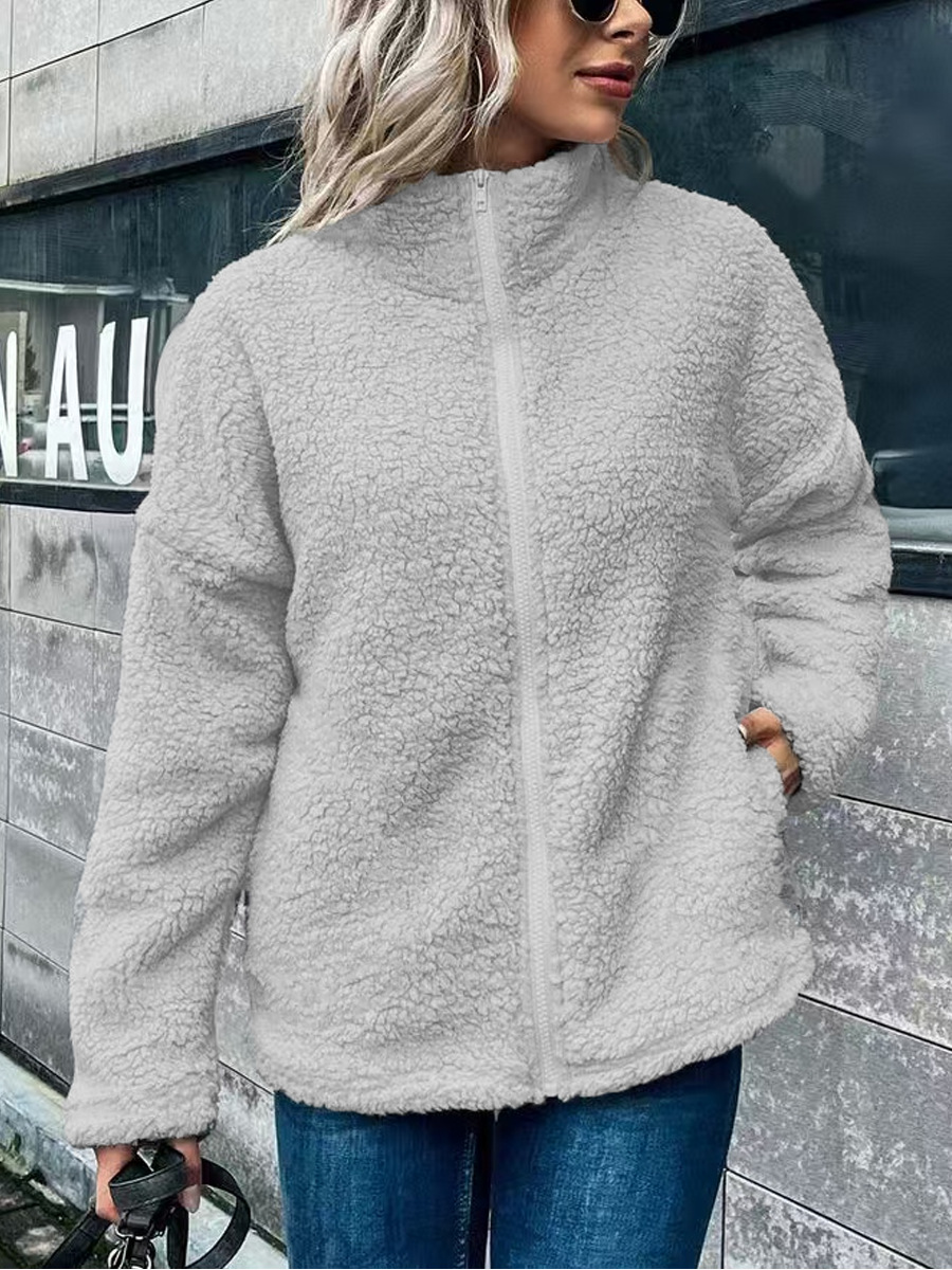 WW | Women's Fleece Coat – Oversized Fit – Wool Blend – Stand-Up Collar – Front Zipper