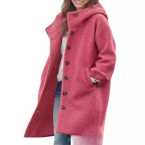 WW | Women's Full-Length Coat – Oversized Fit – Wool-Feel – With Hood and Pockets