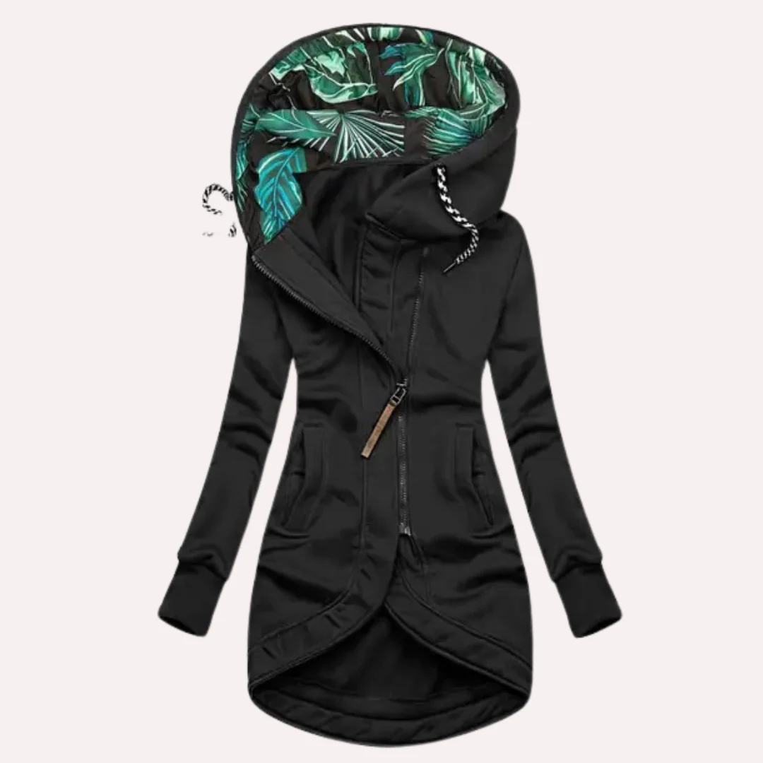 WW | Fleece Jacket Slim Fit Long Style Hood with Print Asymmetrical Zipper