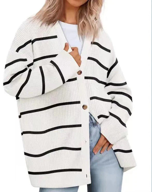 WW | Strickjacke Übergröße Passform Gestrickte Rippstruktur Knopf V-Ausschnitt