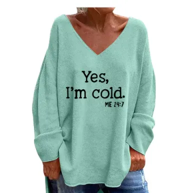 WW | Sweater Oversized Fit Soft Knit V-Neck Text Print Long Sleeves