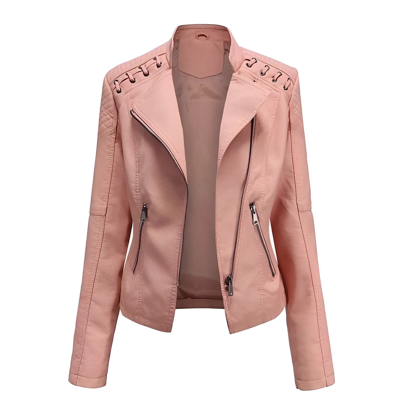 WW | Lederjacke Slim Passform Asymmetrischer Reißverschluss Ge Quiltete Schultern