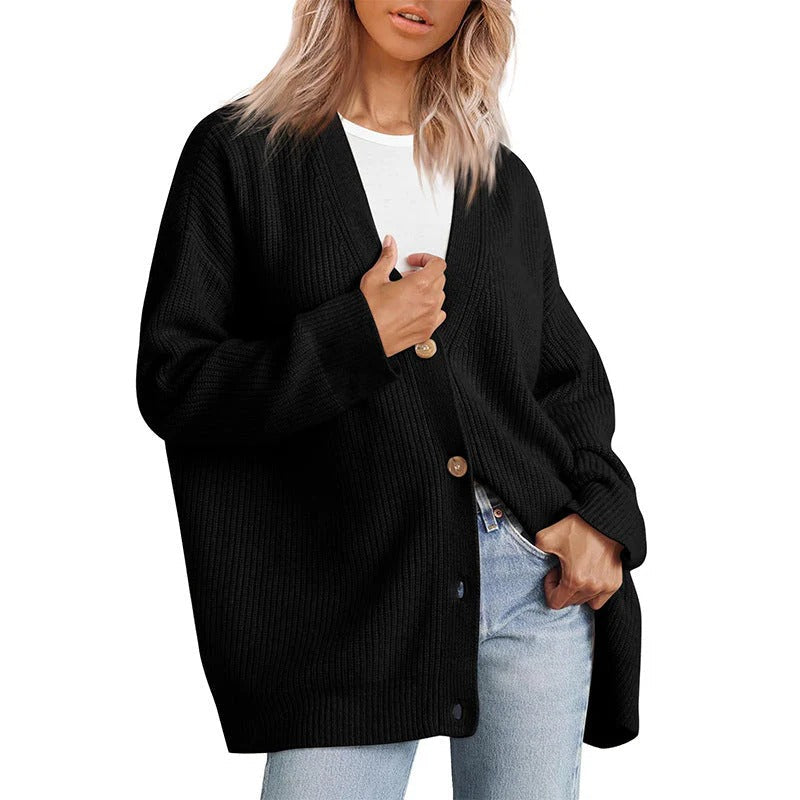 WW | Plus Size Cardigan Fit Knitted Rib Structure Button V-Neck