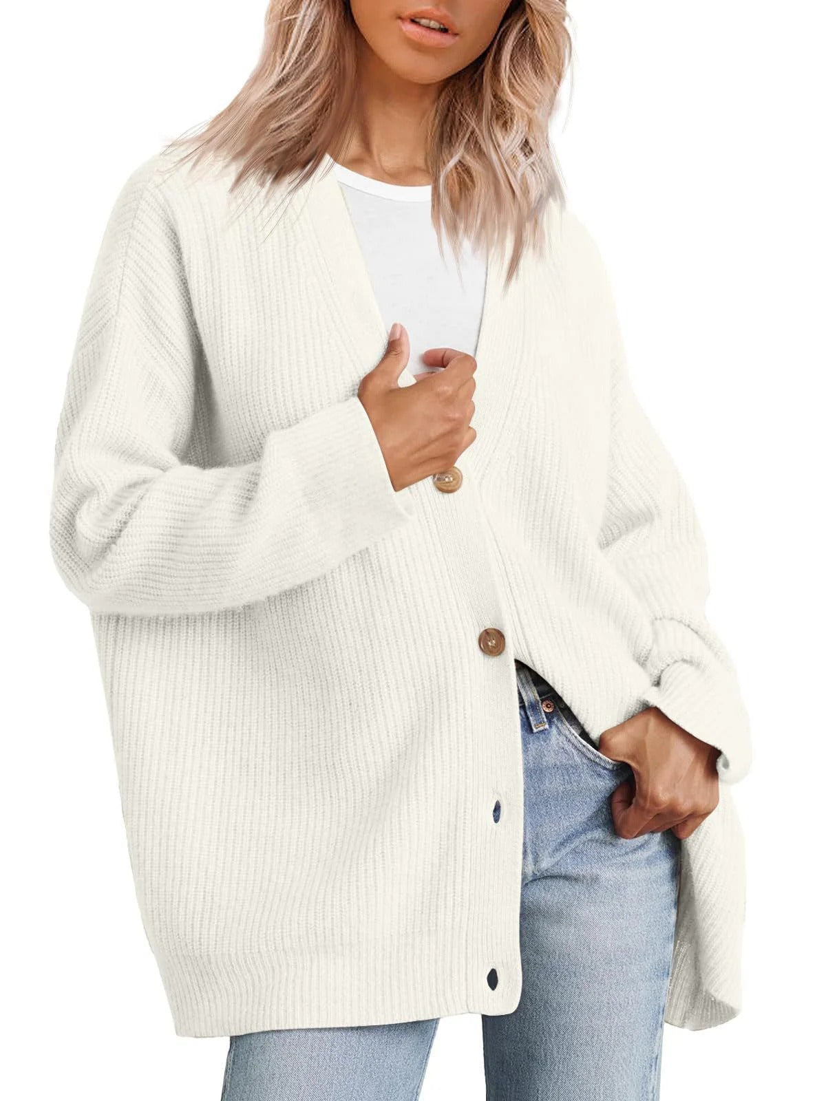 WW | Plus Size Cardigan Fit Knitted Rib Structure Button V-Neck