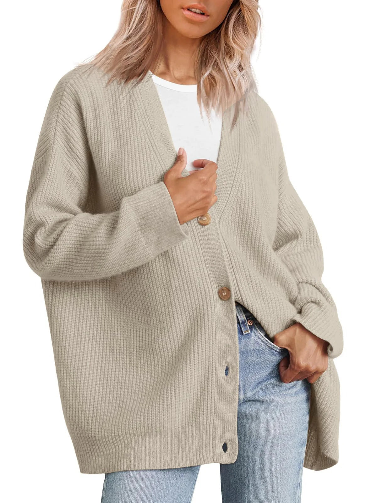 WW | Plus Size Cardigan Fit Knitted Rib Structure Button V-Neck