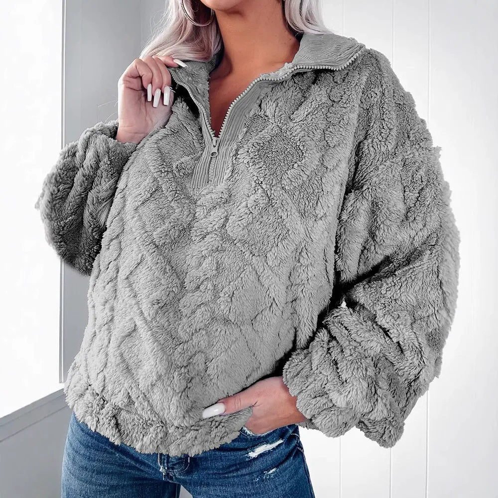 WW | Sweater Faux Fur Entspannt Passform Gesteppt Textur Halber Reißverschluss
