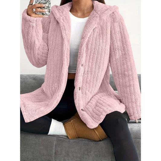 WW | Oversized Fit Hood Ribbed Texture Soft Teddy Lining Button Closure