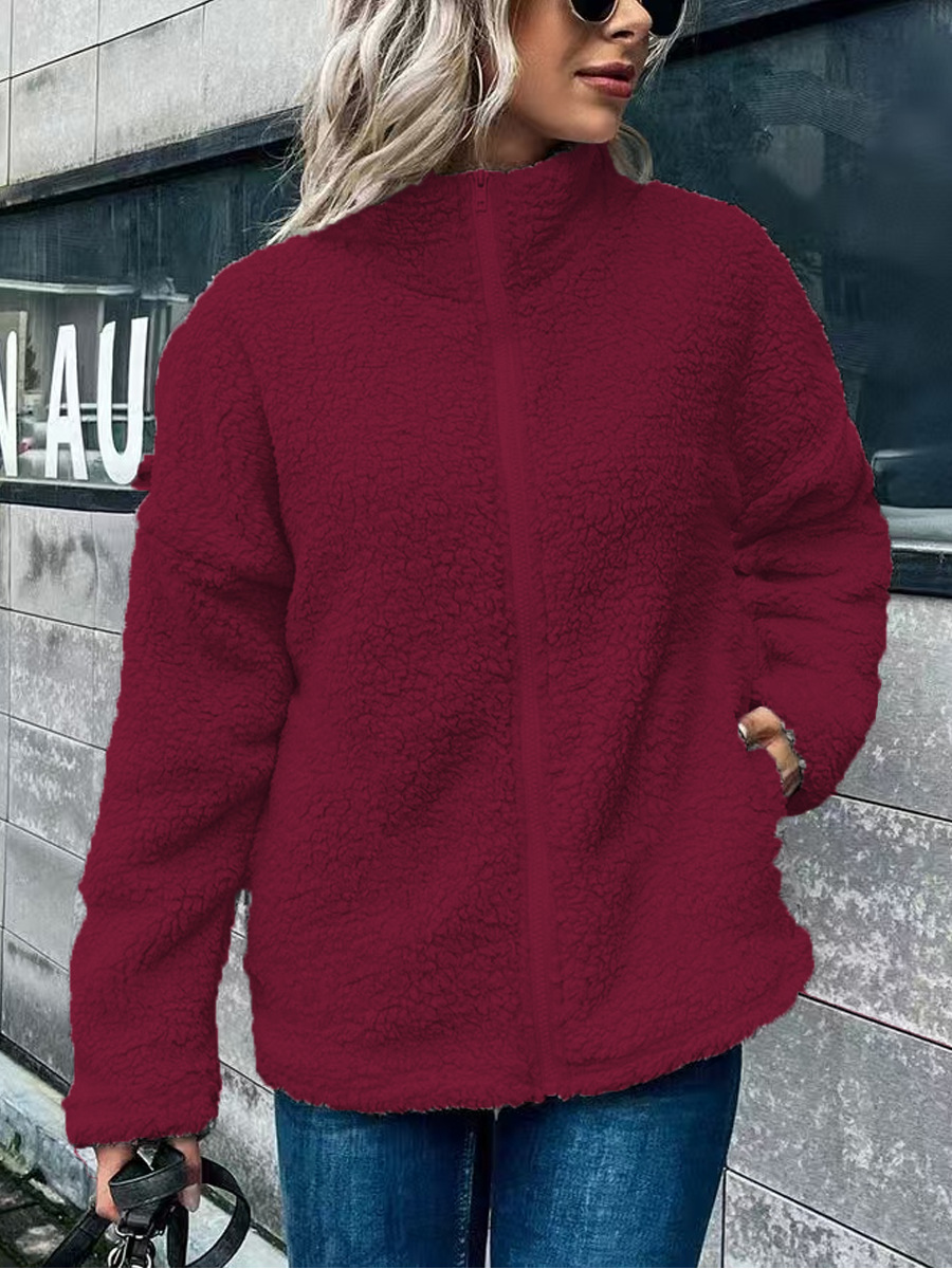 WW | Women's Fleece Coat – Oversized Fit – Wool Blend – Stand-Up Collar – Front Zipper