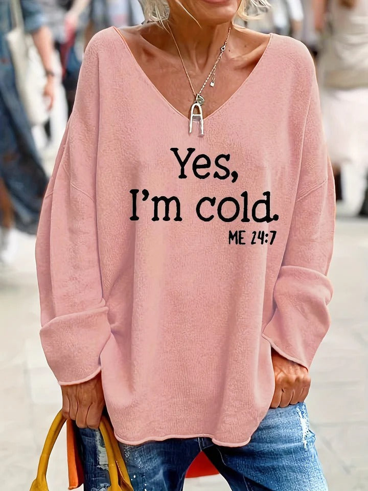 WW | Sweater Oversized Fit Soft Knit V-Neck Text Print Long Sleeves