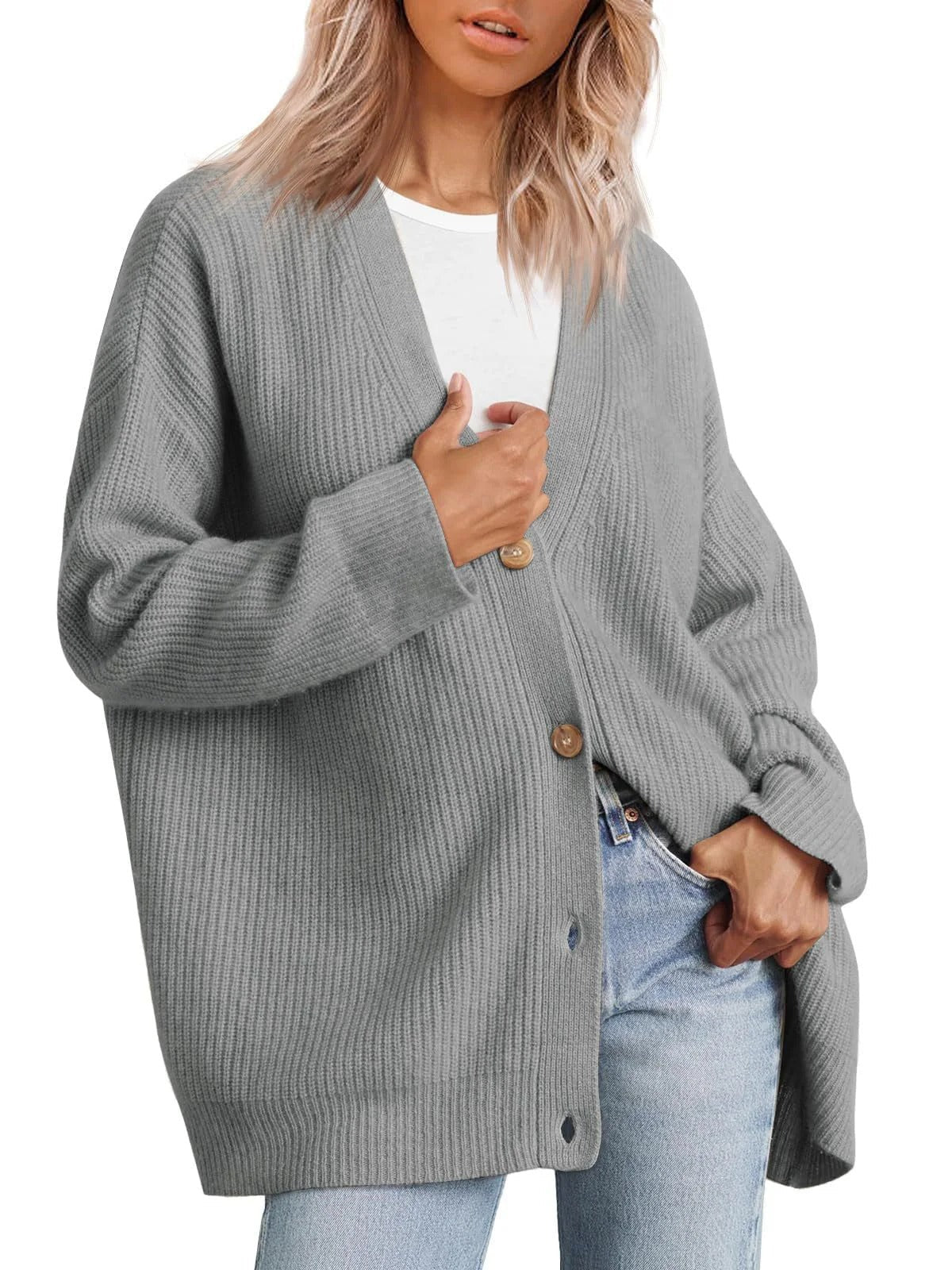 WW | Plus Size Cardigan Fit Knitted Rib Structure Button V-Neck