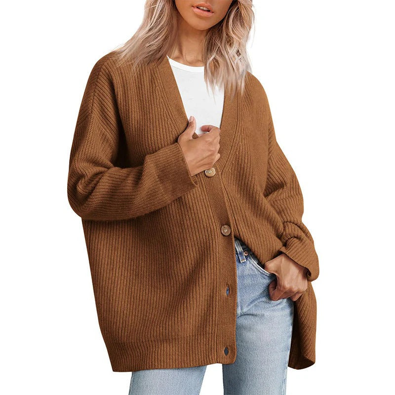 WW | Plus Size Cardigan Fit Knitted Rib Structure Button V-Neck