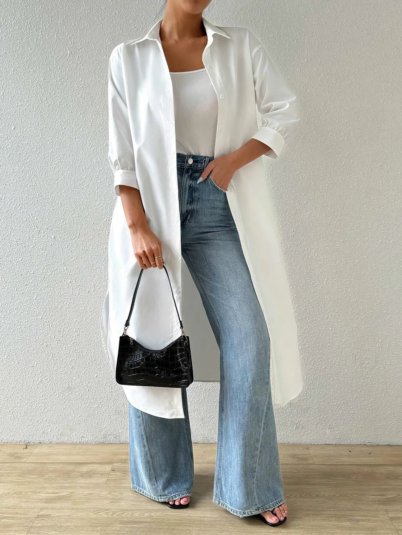 WW | Cardigan Light Knit Long Open Front 3/4 Sleeves Relaxed Fit