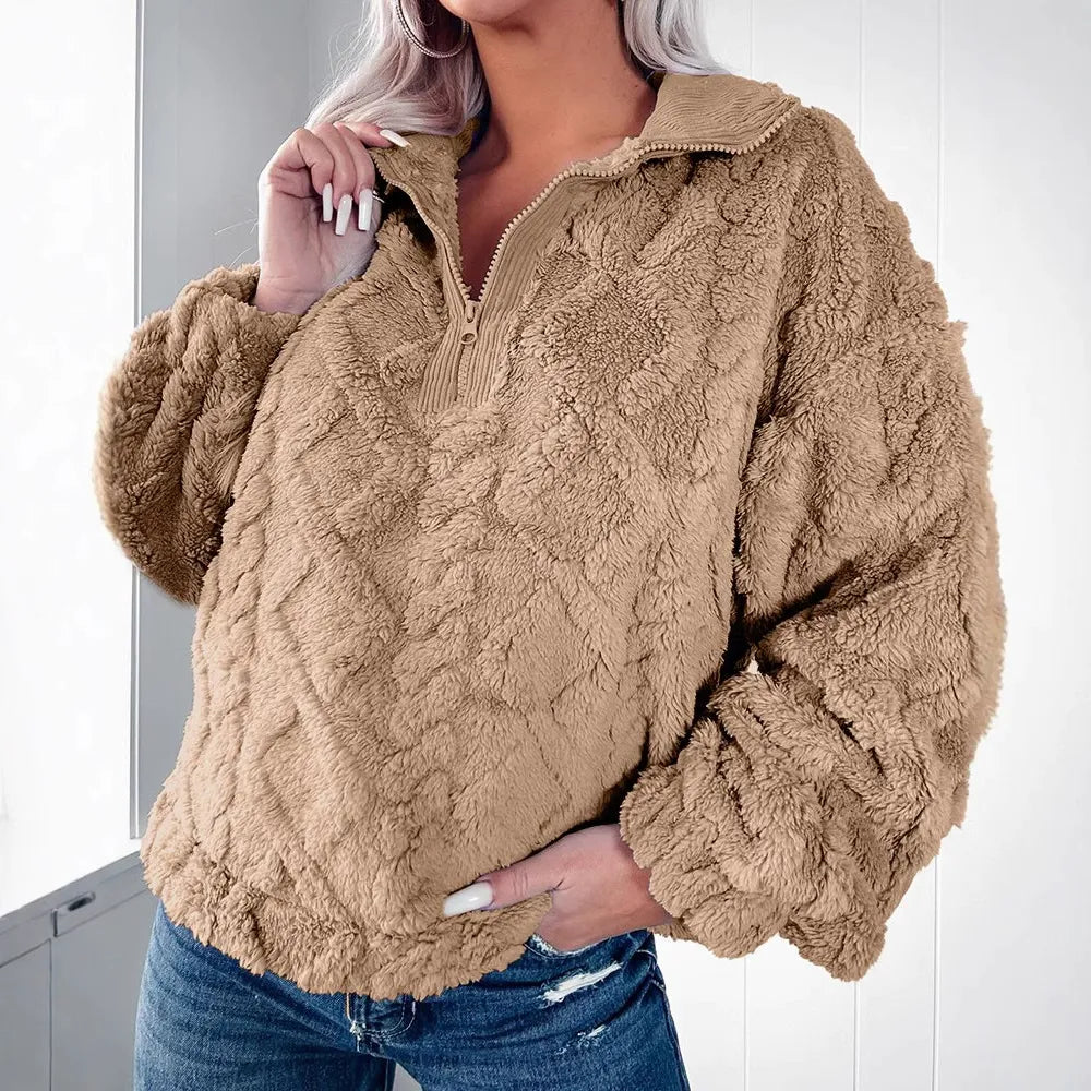 WW | Sweater Faux Fur Entspannt Passform Gesteppt Textur Halber Reißverschluss