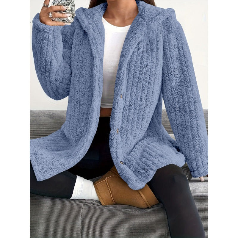 WW | Oversized Fit Hood Ribbed Texture Soft Teddy Lining Button Closure