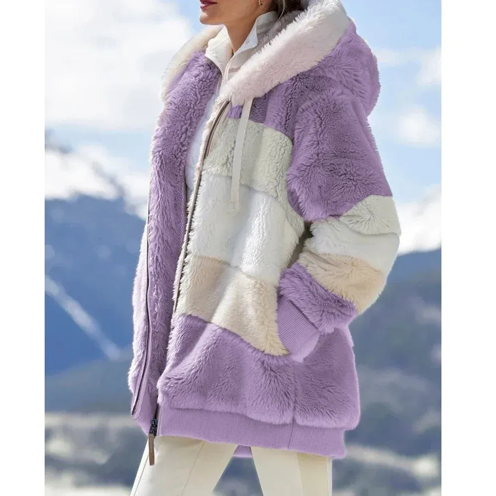 WW | Damen Fleecejacke – Oversized Fit – Plüsch Teddy Textur – Kapuze mit Reißverschluss