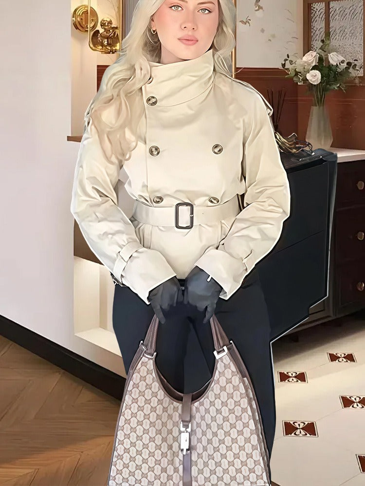 WW | Women's Coat – Tailored Fit – Wool Blend – Stand-up Collar – Double-breasted – Belted Waist