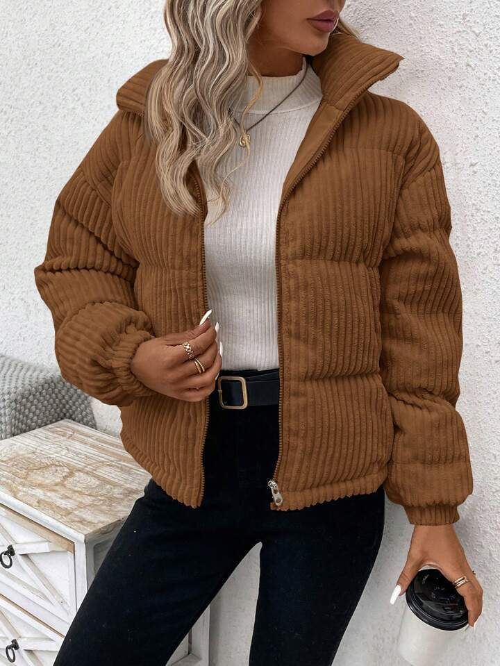 WW | Women's Corduroy Jacket – Relaxed Fit – Padded – High Collar – Front Zipper