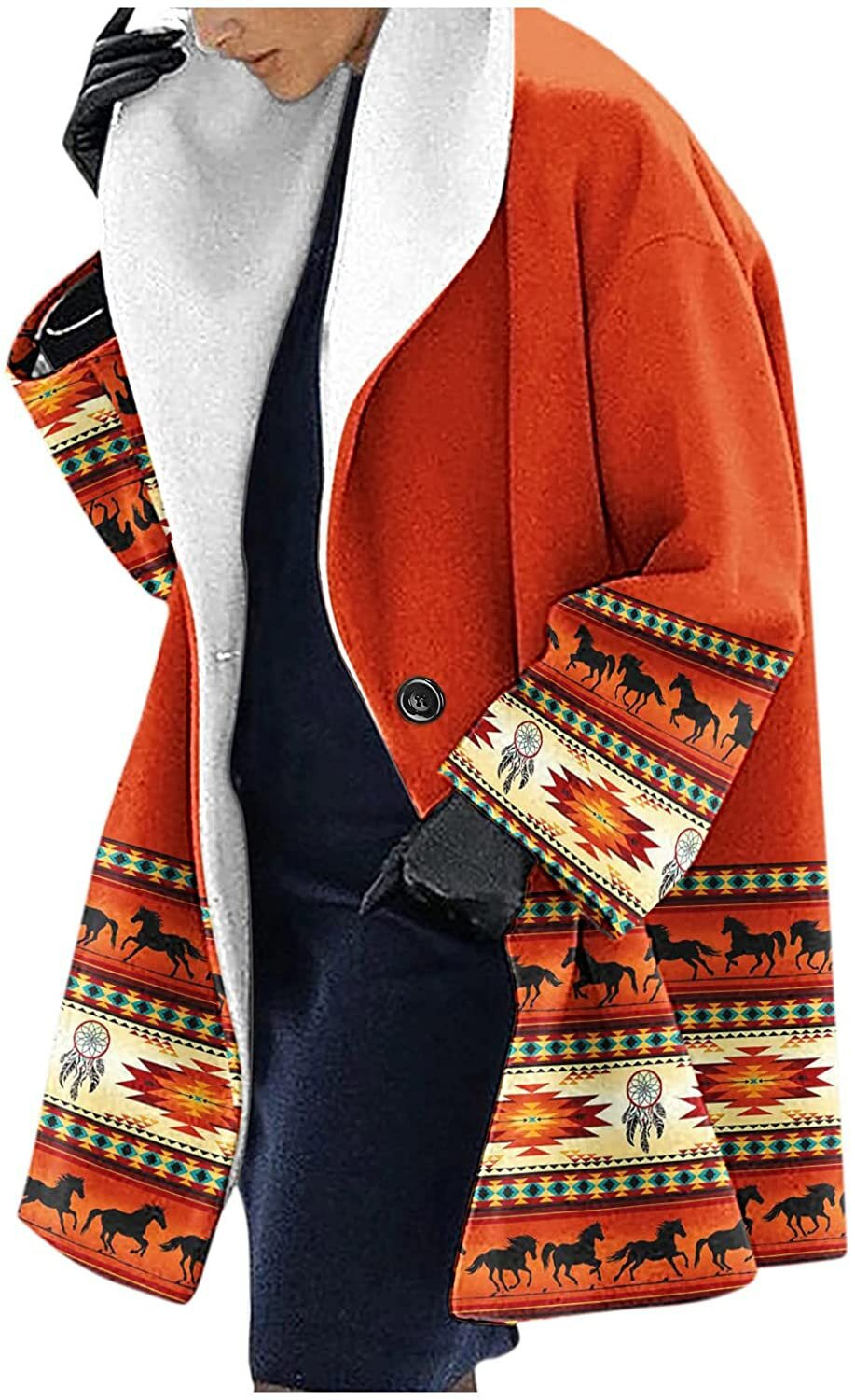 WW | Women's Hooded Jacket – Wool – Loose Fit – Mid-Length – Ethnic Print Scarf Collar