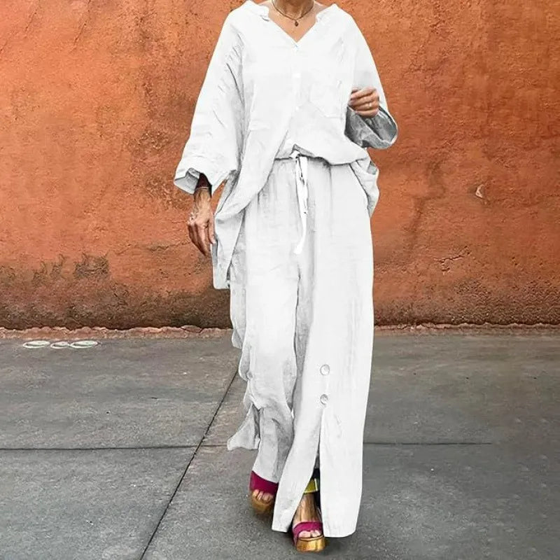 WW | Cardigan and Wide Leg Trousers Set Relaxed Fit V-Neck Soft Cotton Blend
