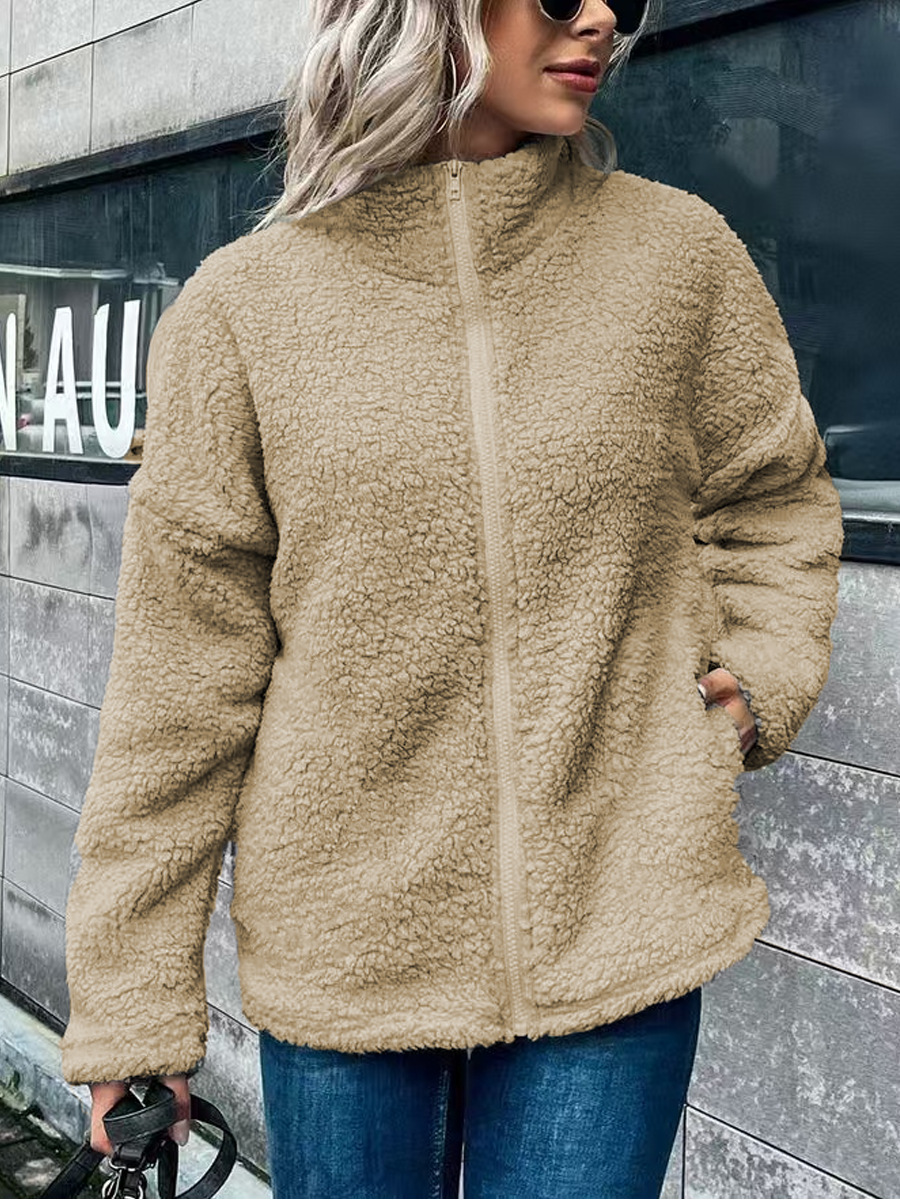 WW | Women's Fleece Coat – Oversized Fit – Wool Blend – Stand-Up Collar – Front Zipper