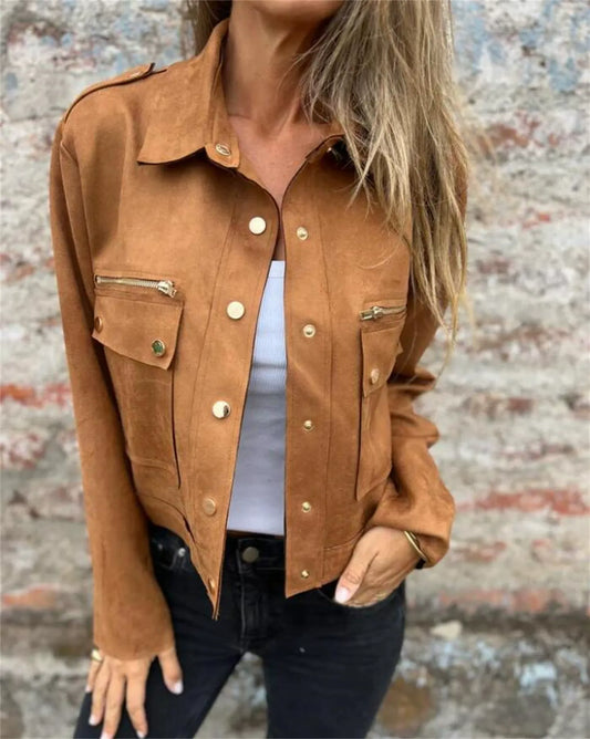 WW | Jacke Wildleder Textur Strukturierte Passform Reißverschluss Taschen Kurze Länge