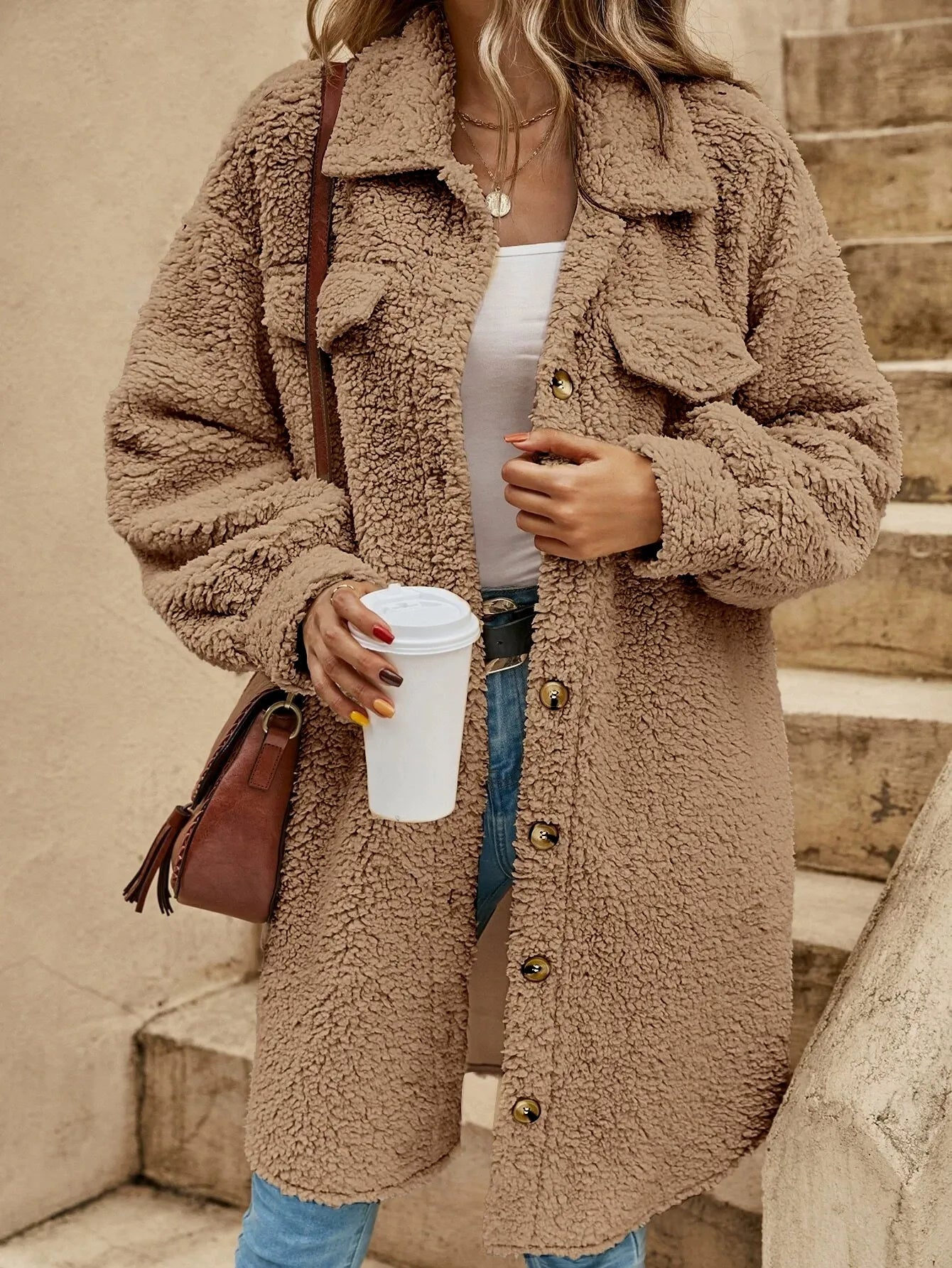 WW | Plus Size Fit Soft Texture Knee Length Flap Pockets On The Chest