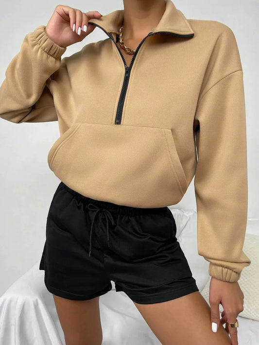 WW | Loose Fit Fleece Lined High Collar with Zipper Kangaroo Pocket