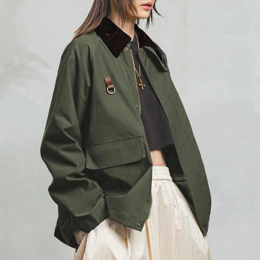 WW | Women's Oversized Jacket - Drawstring Collar - D-Ring Chest Details - Flap Pockets - Hip Length