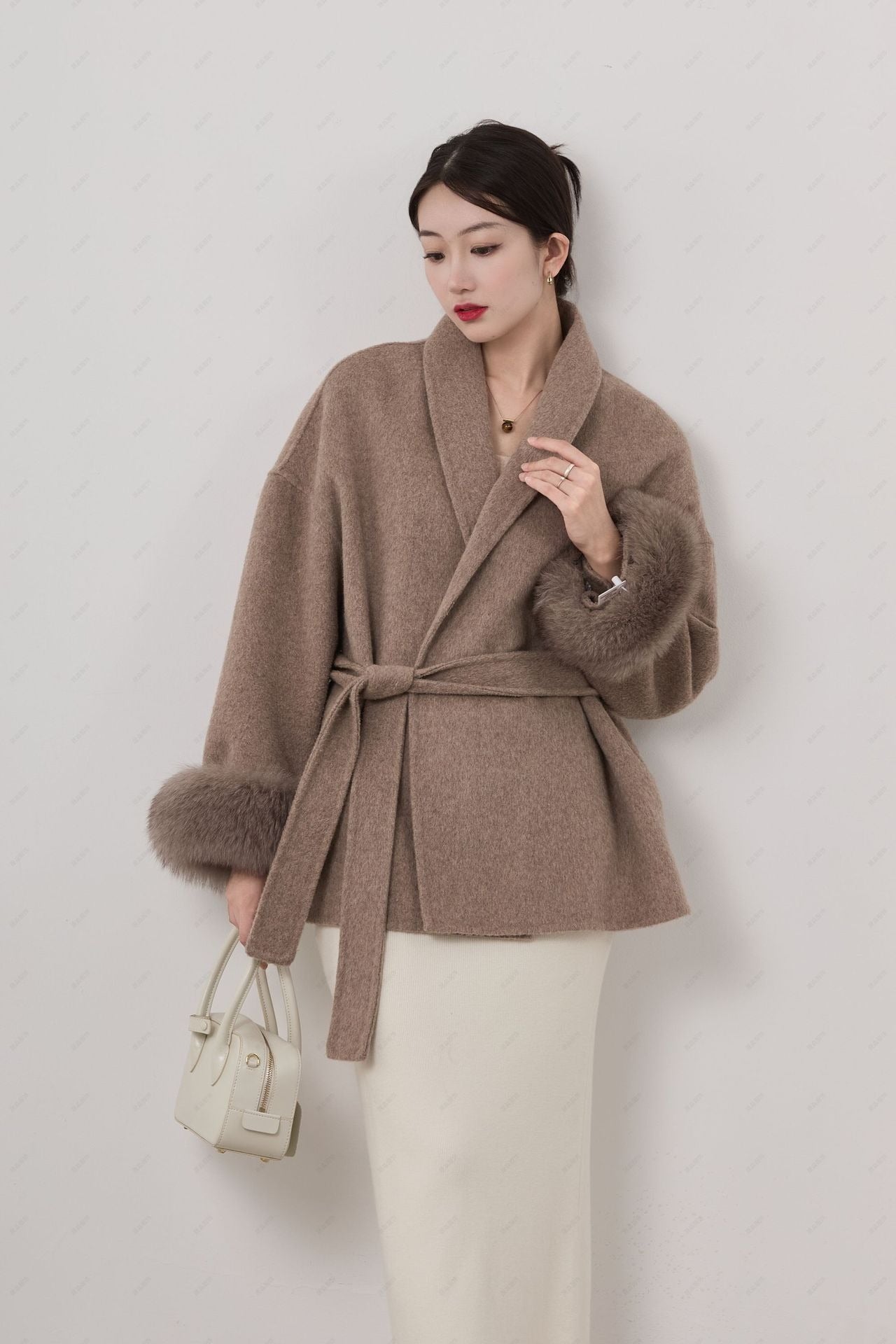WW | Short Coat Wool Blend Relaxed Fit Shawl Collar Belt and Detachable Cuffs