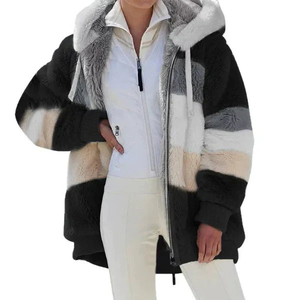 WW | Damen Kapuzenjacke – Oversized Passform – Plüsch Kunstpelz – Reißverschluss vorne – Rippensaum