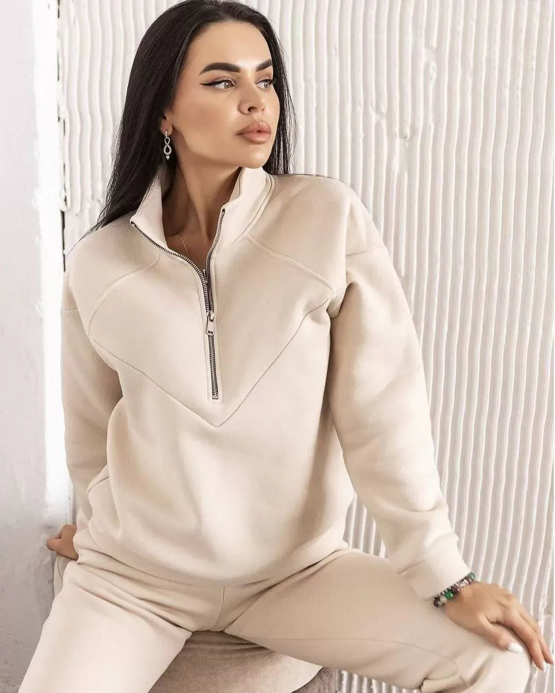 WW | Loungewear Satz Fleece Lockere Passform Kapuzenpullover mit Halbem Reißverschluss Jogginghosen